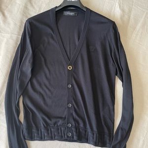 VERSACE Men’s Greca Accent silk cardigan black MEDUSA gold Sweater V Neck